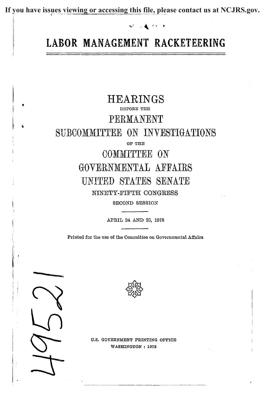 Title page: "Labor Management Racketeering," Hearings before the Permanent Subcommittee on Investigations, Ninety-fifth Congress, second session, April 24 and 25, 1978, U.S. Government Printing Office, with the handwritten NCJRS number 49521.