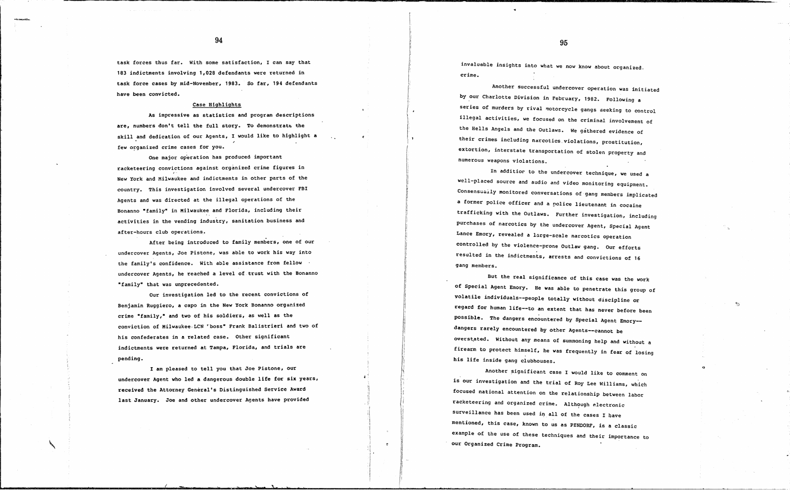 Printed pages 94 and 95 of S. Hrg. 98-914: the "Case Highlights" section of FBI Director Webster's statement, describing the undercover operation against the Bonanno family in Milwaukee and Florida and naming Joe Pistone
