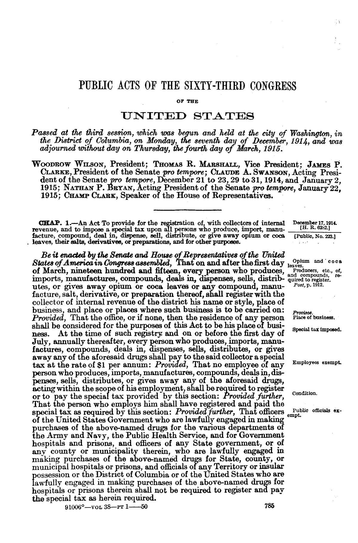 Page 785 of volume 38 of the Statutes at Large, headed Public Acts of the Sixty-third Congress, with the opening of Chapter 1 of 17 December 1914.