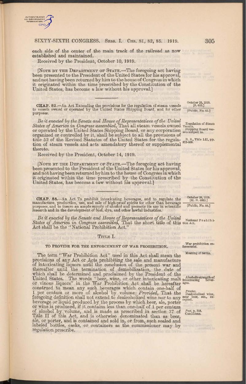 Page 305 of volume 41 of the Statutes at Large, printing the opening of the National Prohibition Act.
