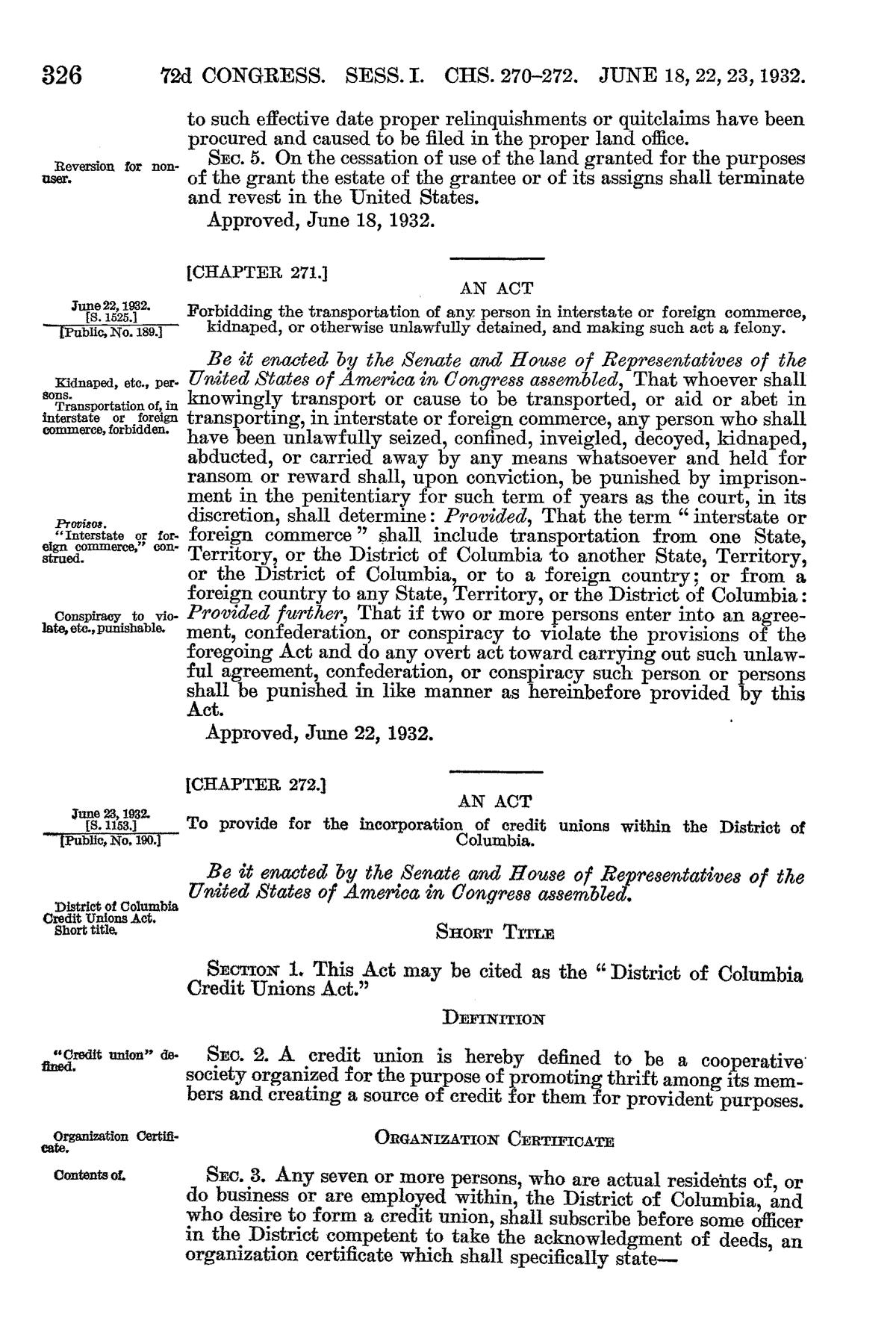 Page 326 of volume 47 of the Statutes at Large, printing Chapter 271 of 22 June 1932 on the transportation of kidnaped persons.