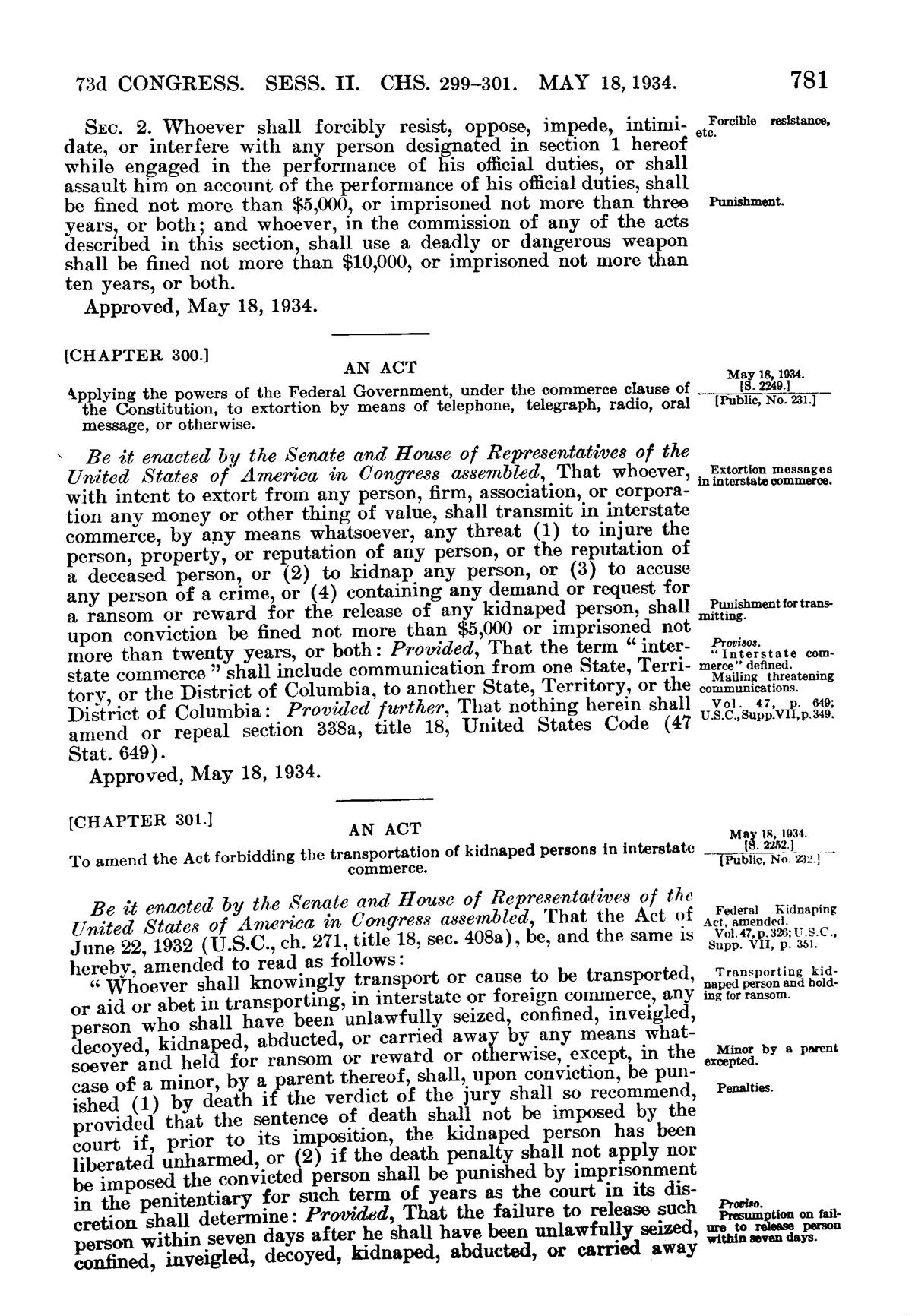 Page 781 of volume 48 of the Statutes at Large, dated May 18, 1934, printing Chapters 299 to 301.