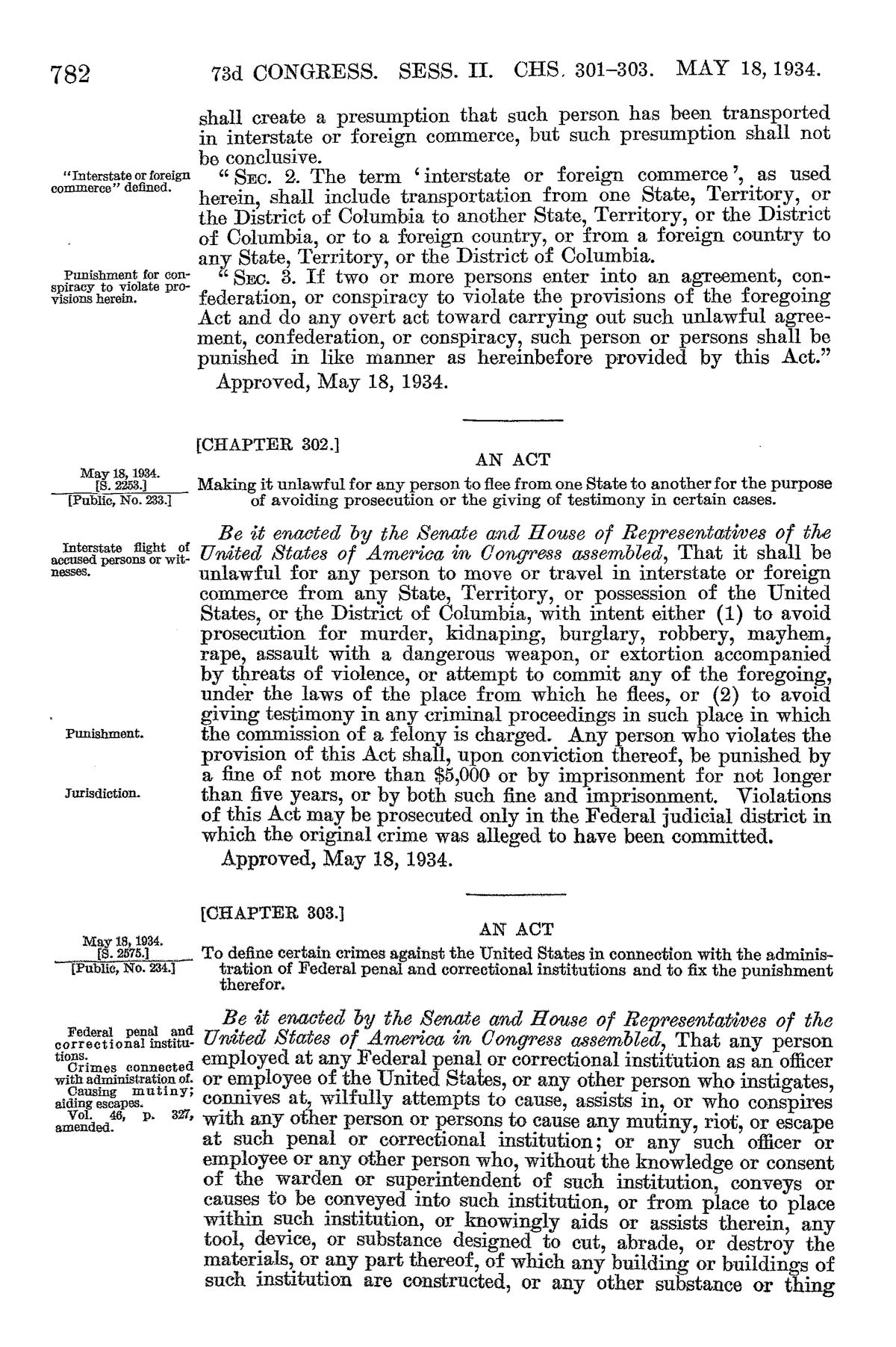 Page 782 of volume 48 of the Statutes at Large, dated May 18, 1934, ending Chapter 301 and printing Chapter 302.