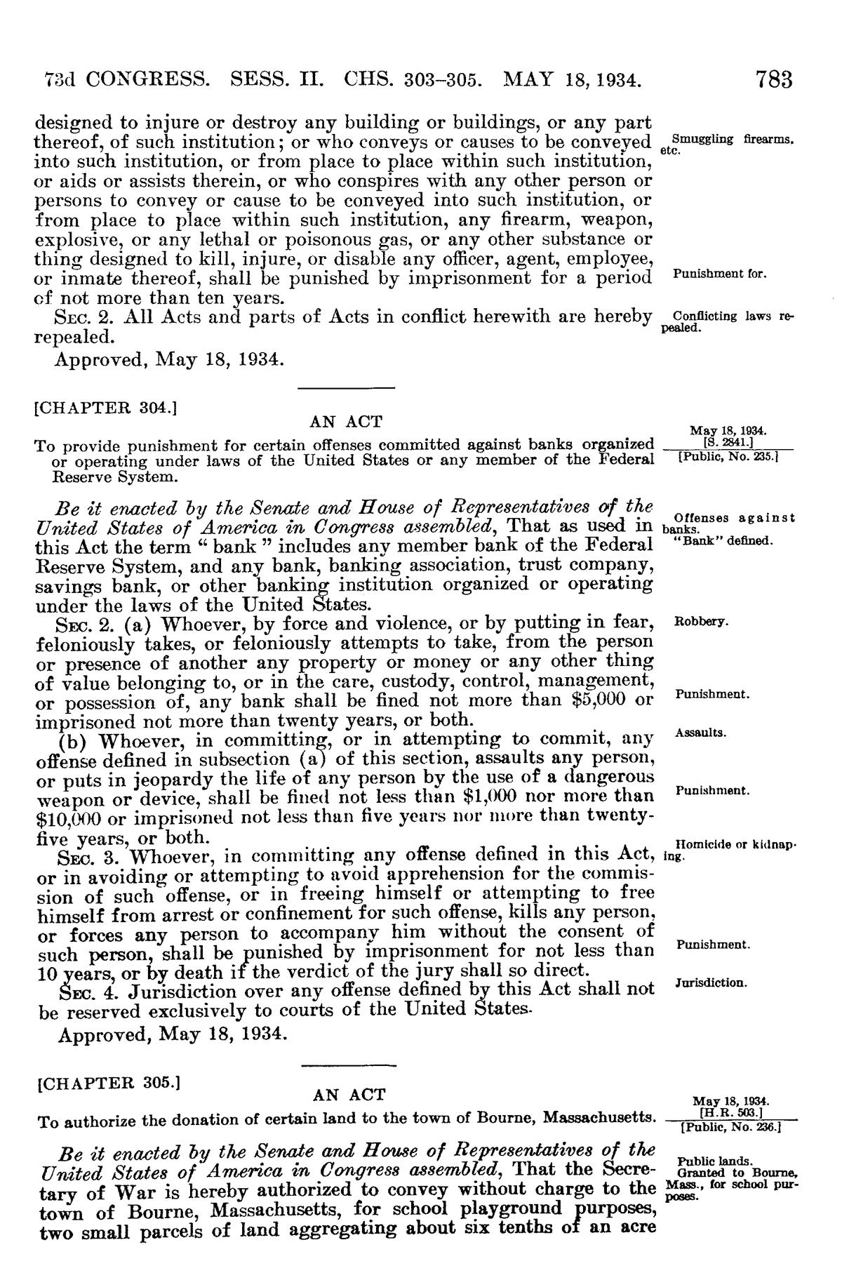 Page 783 of volume 48 of the Statutes at Large, dated May 18, 1934, printing the opening of Chapter 304 on offenses against banks.
