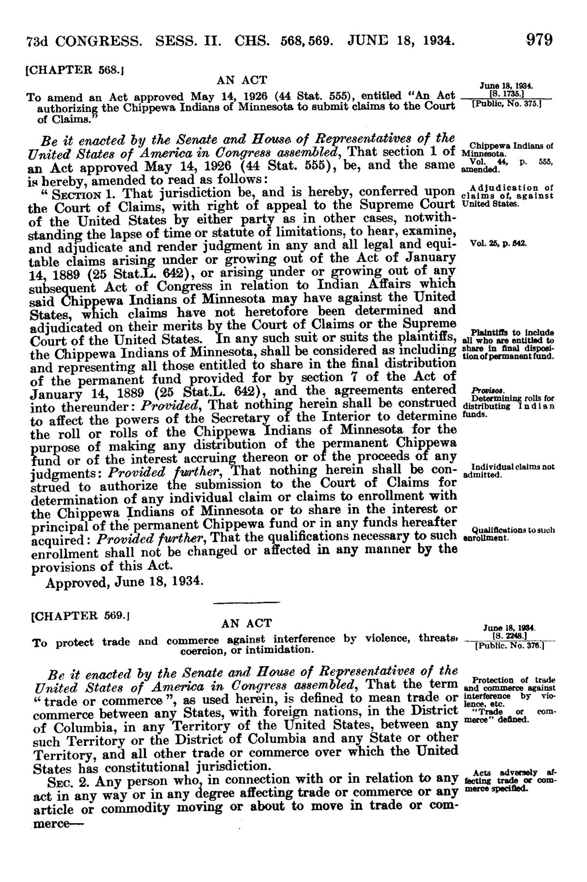 Page 979 of volume 48 of the Statutes at Large, dated June 18, 1934, printing Chapter 568 and the start of Chapter 569.