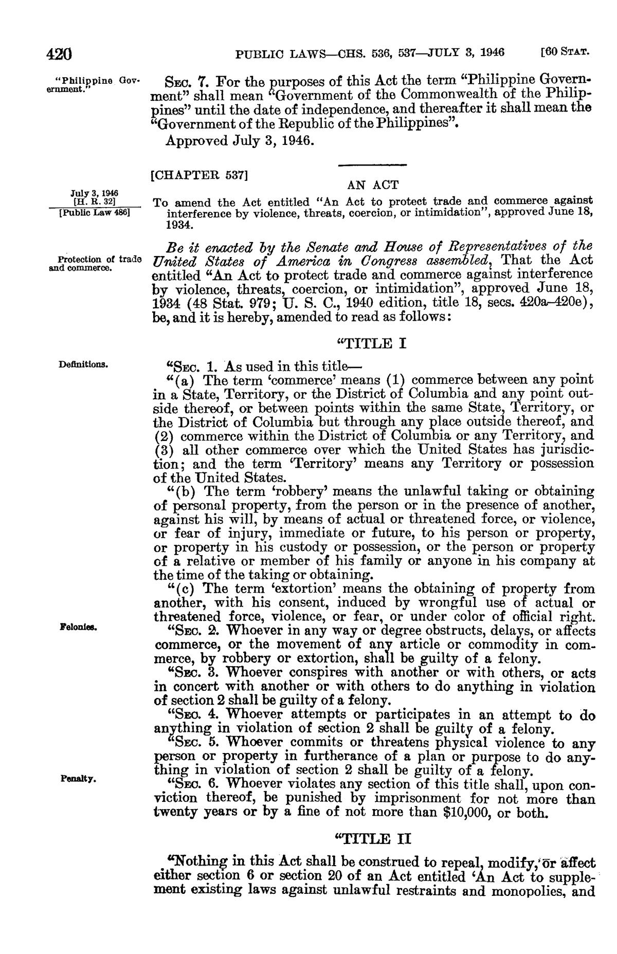 Page 420 of volume 60 of the Statutes at Large, dated July 3, 1946, printing Chapter 537 amending the 1934 Act to protect trade and commerce.