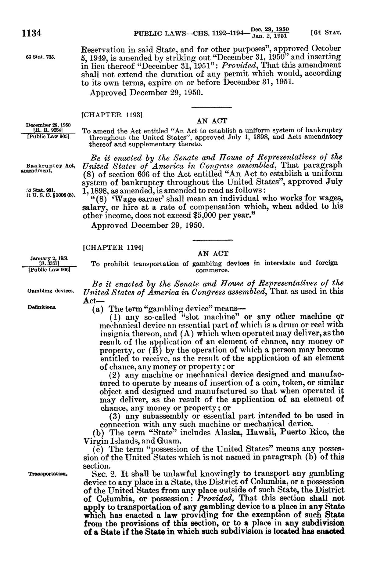 Page 1134 of volume 64 of the Statutes at Large, printing Chapters 1192 to 1194 of December 1950 and January 1951.