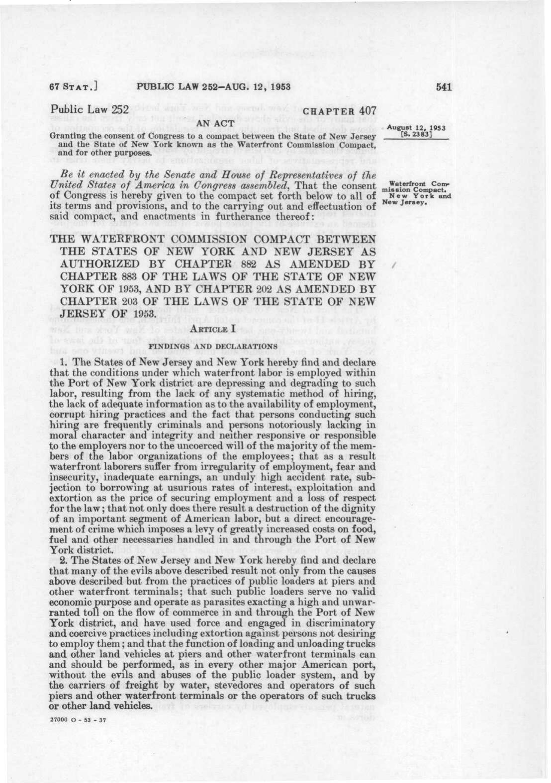Page 541 of volume 67 of the Statutes at Large, Public Law 252 of August 12, 1953, printing the title and Article I, Findings and Declarations, of the Waterfront Commission Compact.