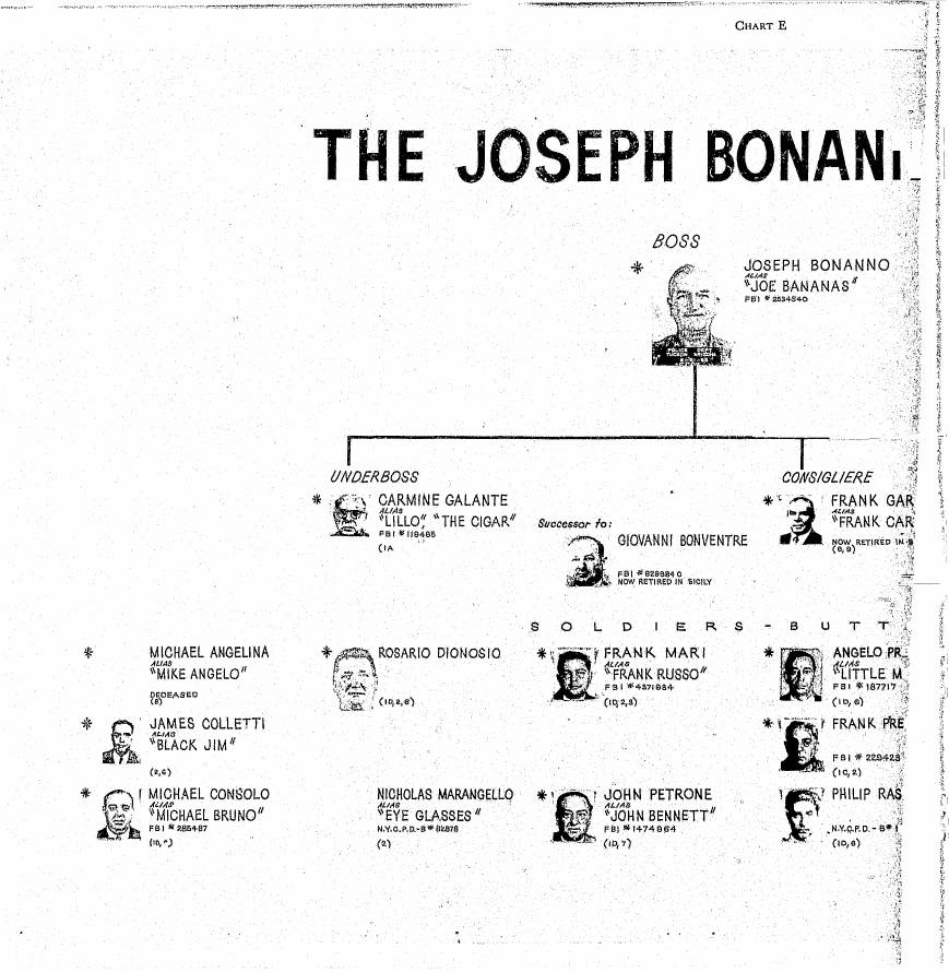 Segment of Chart E headed "The Joseph Bonann", showing the boss box with a photograph of Joseph Bonanno, underboss and consigliere boxes, and soldiers below.