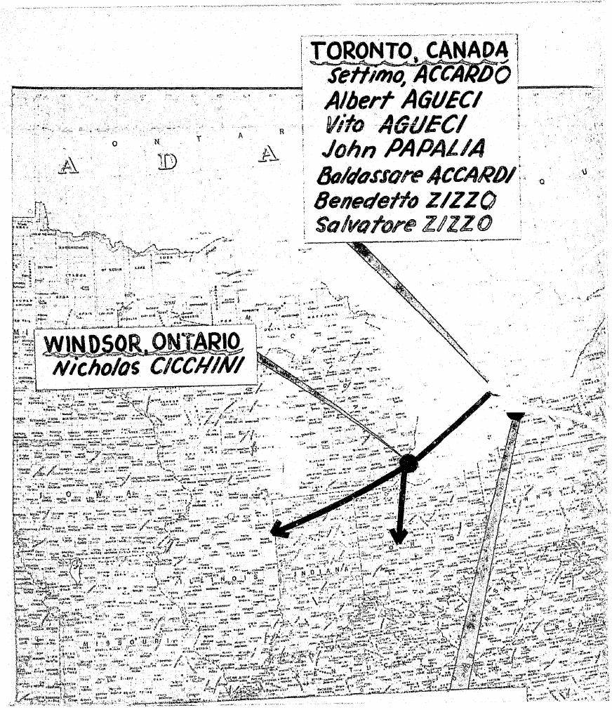 Segment of the Bureau of Narcotics Agueci case map: a "Toronto, Canada" name box and a "Windsor, Ontario" box, with arrows from the Great Lakes into the Midwest.