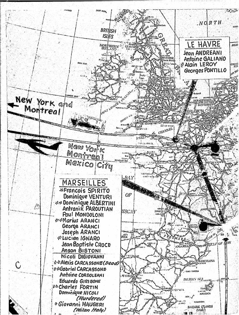 Segment of the Bureau of Narcotics route map: western Europe with arrows to "New York and Montreal" and "New York, Montreal, Mexico City", and name boxes for Le Havre and Marseilles.