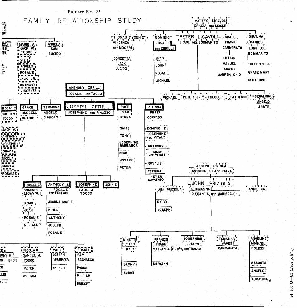 Second segment of Exhibit No. 35, "Family Relationship Study", a Detroit police genealogy chart of boxed names joined by marriage and descent lines.