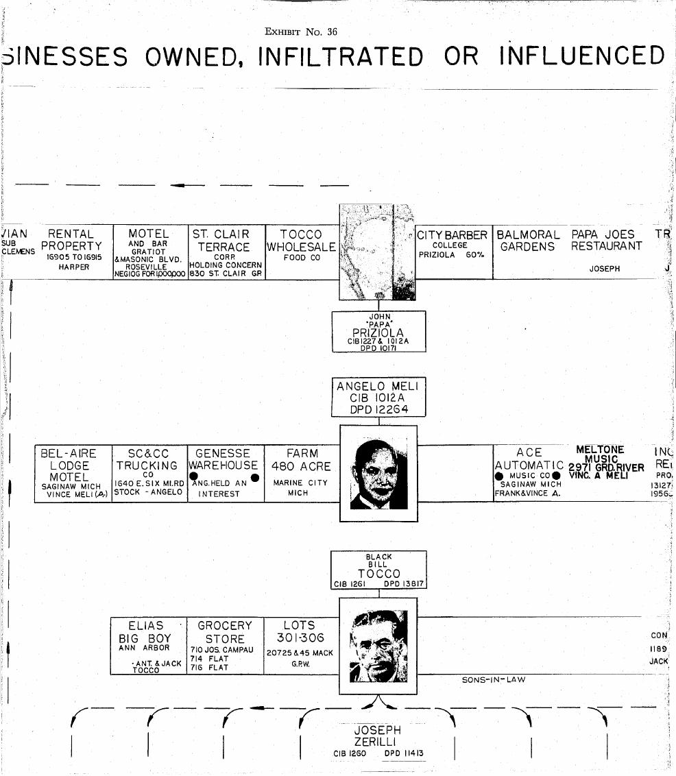 Middle segment of Exhibit No. 36, headed "...sinesses Owned, Infiltrated or Influenced", with boxed business names linked to photographs and police numbers of named men.