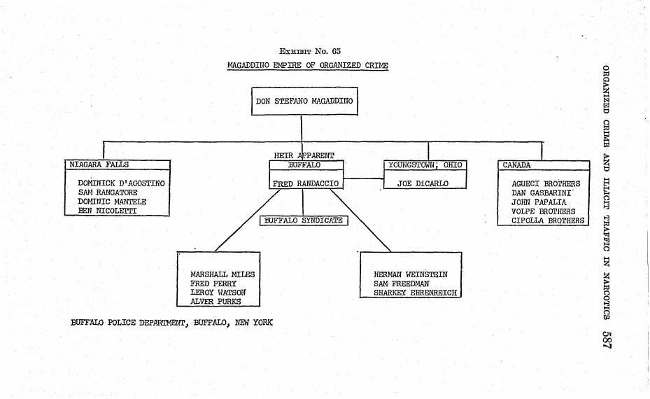 Typed box chart, Exhibit No. 65, "Magaddino Empire of Organized Crime", with a top box linked to boxes for Niagara Falls, Buffalo, Youngstown, Ohio, and Canada.