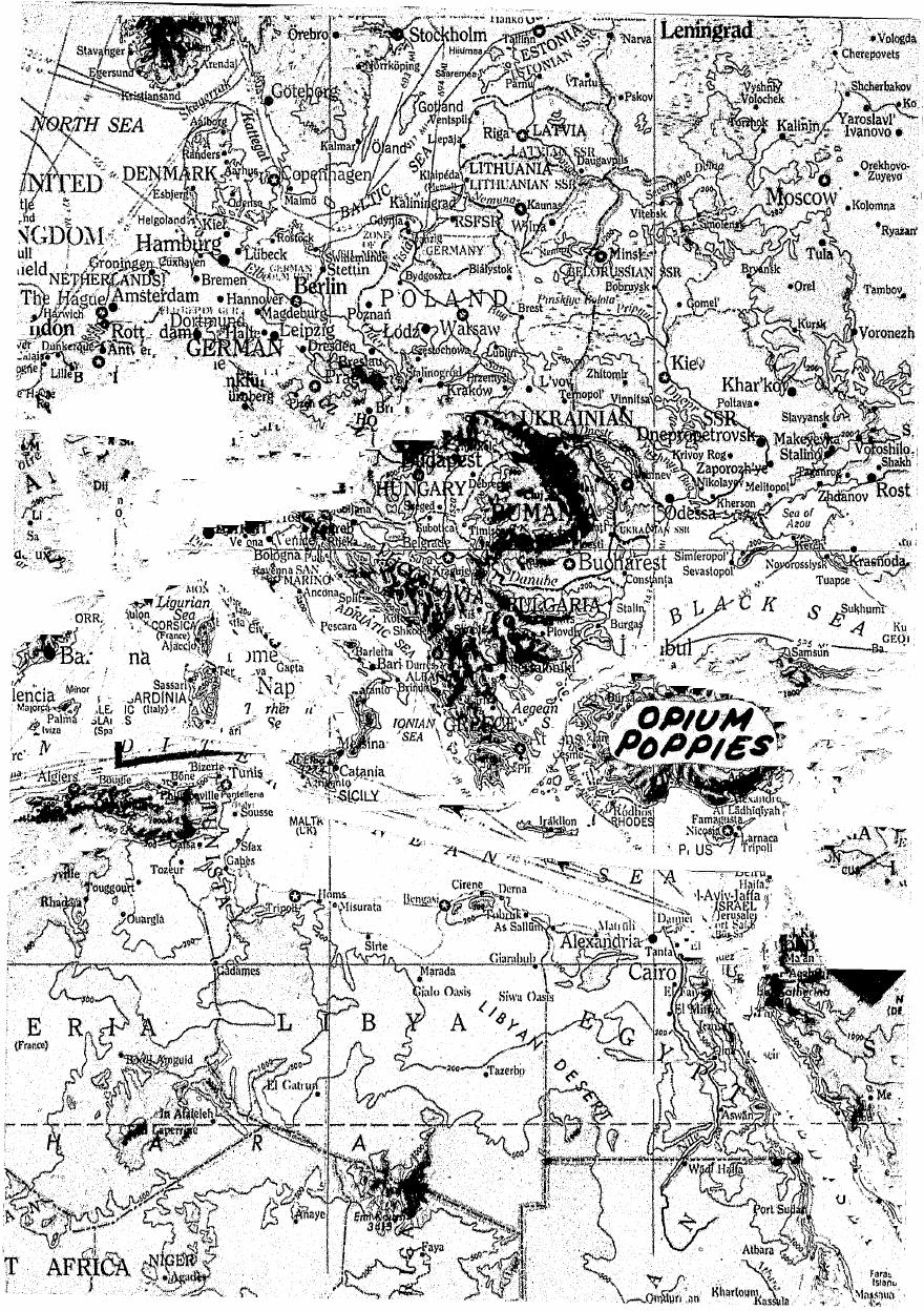 Segment of the Part 5 world map of narcotics traffic: Europe, the Mediterranean and North Africa with route lines and an "Opium Poppies" label over Turkey.