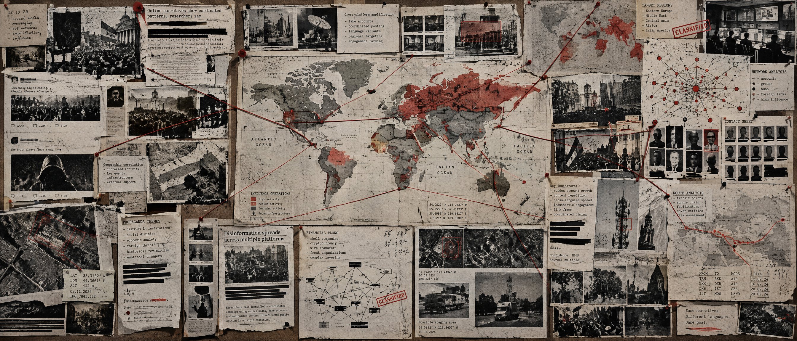 Illustration: a dossier collage of maps, photographs and redacted case files. Not an archive object.