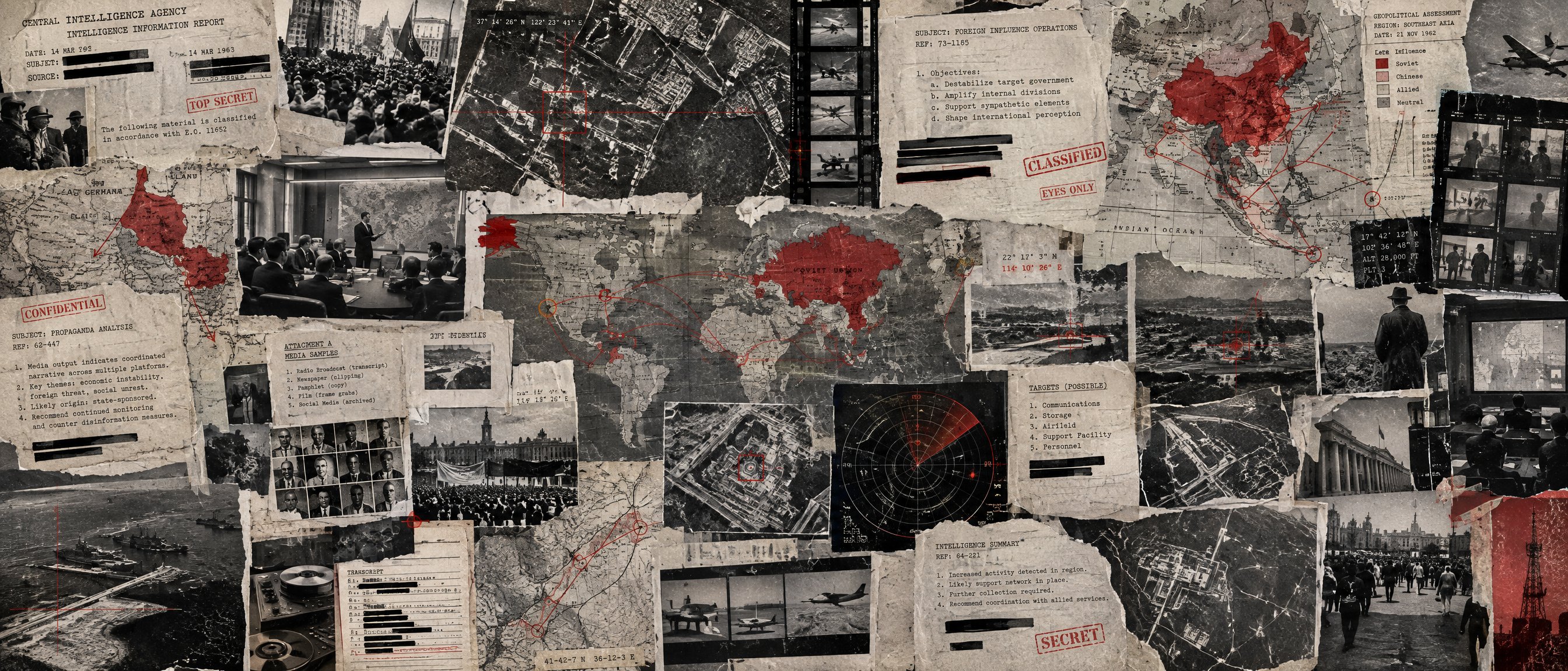 Illustration: a dossier collage of maps, photographs and redacted case files. Not an archive object.