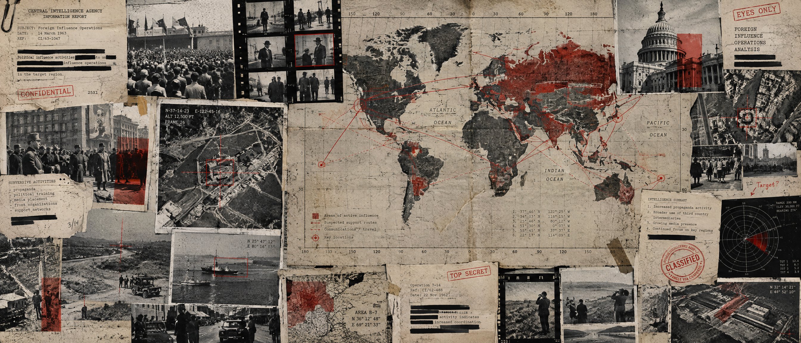 Illustration: a dossier collage of maps, photographs and redacted case files. Not an archive object.
