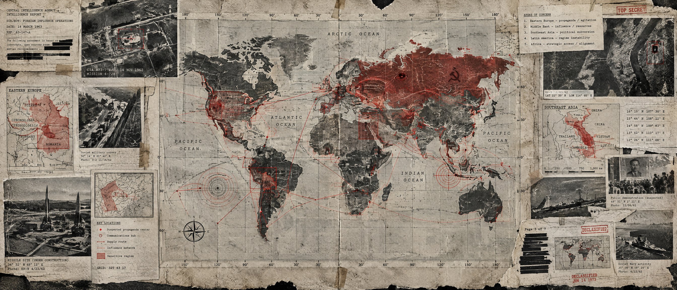 Illustration: a dossier collage of maps, photographs and redacted case files. Not an archive object.