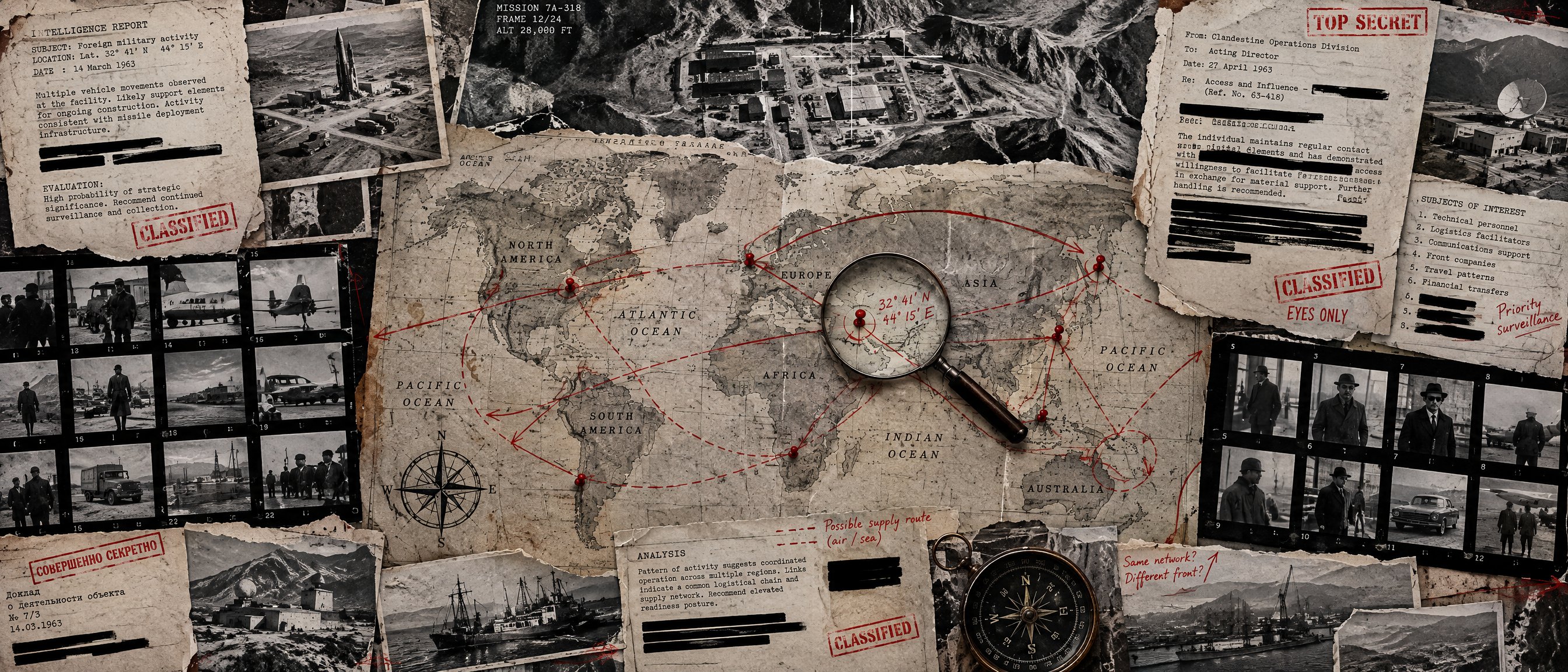 Illustration: a dossier collage of maps, photographs and redacted case files. Not an archive object.